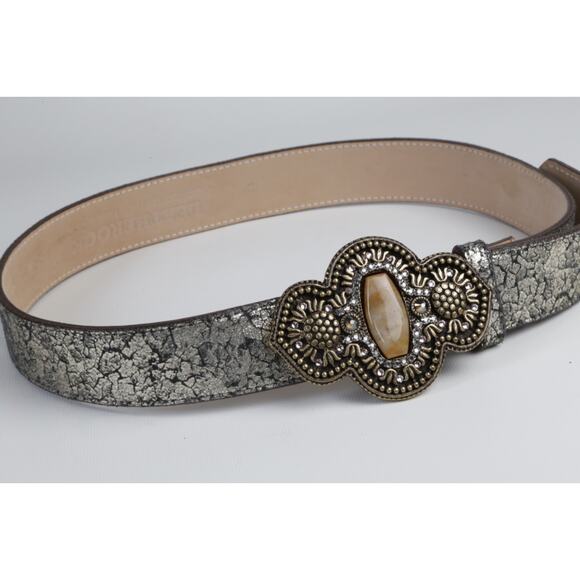 VTG Leatherock Belt Metallic Crackled Leather Rhinestone Gem Statement Buckle M main image 12